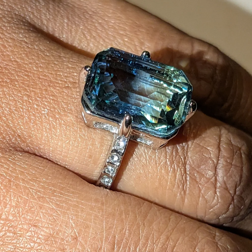 Blue/Green Tourmaline Ring, 14K White Gold Plated Double Color Gemstone Sz 6